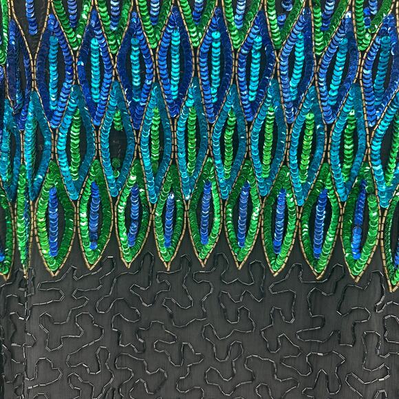 Patchouli Silk Jacket WMNS XL Black Green Blue Beaded Sequin Statement Coat Vtg - Picture 9 of 12